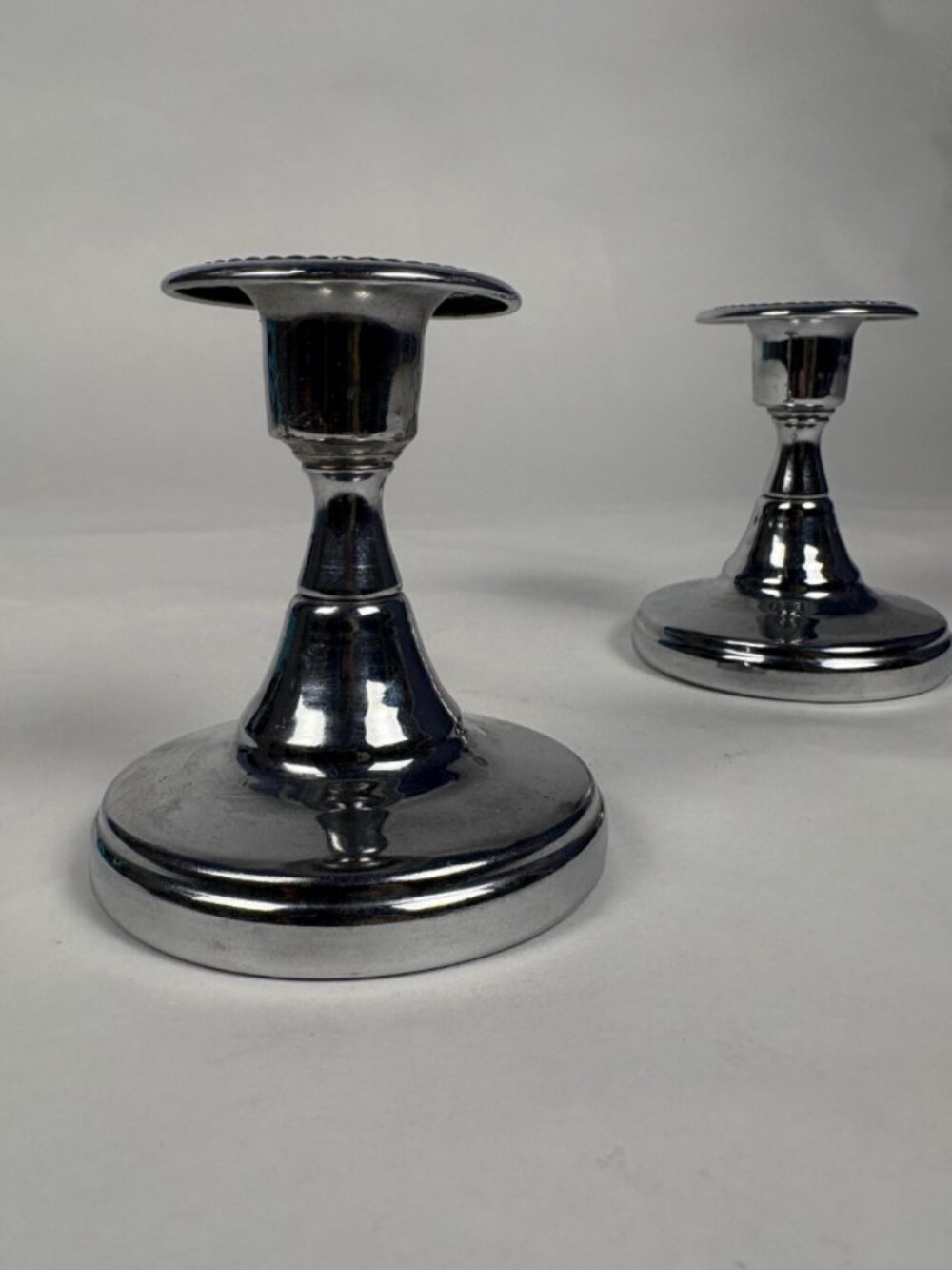 Vintage Chrome Candlestick Holders – Mid Century Modern Pair with Rope Rim
